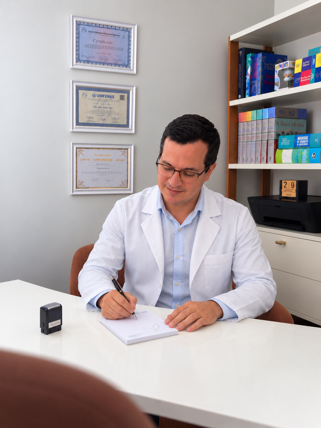 Dr. Aloizio Rezende escrevendo uma prescrição no consultório